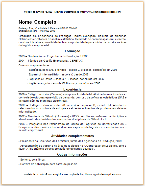modelo exemplo de currículo grátis CV download